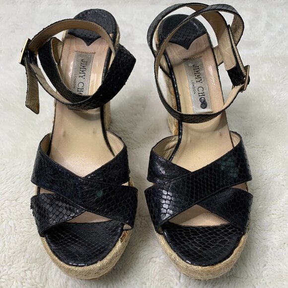 Jimmy Choo Women's Phoenix Black Embossed Straw Espadrille Wedges Size 42 - Picture 2 of 11